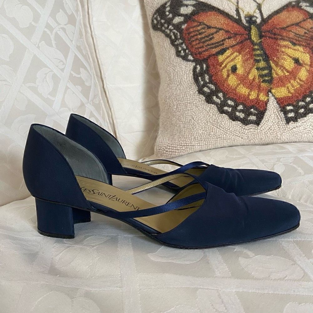 YSL Yves Saint Laurent 90s Blue Satin Block Heels